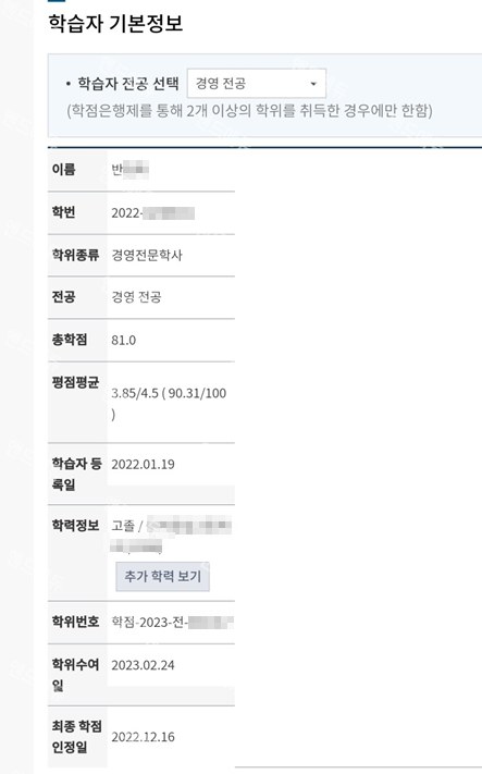 학점은행제 경영 전공 학습자 정보 (경영전문학사 · 평점 3.85/4.5)