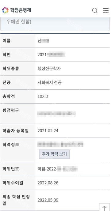 학점은행제 사회복지 전공 학습자 정보 (행정전문학사)